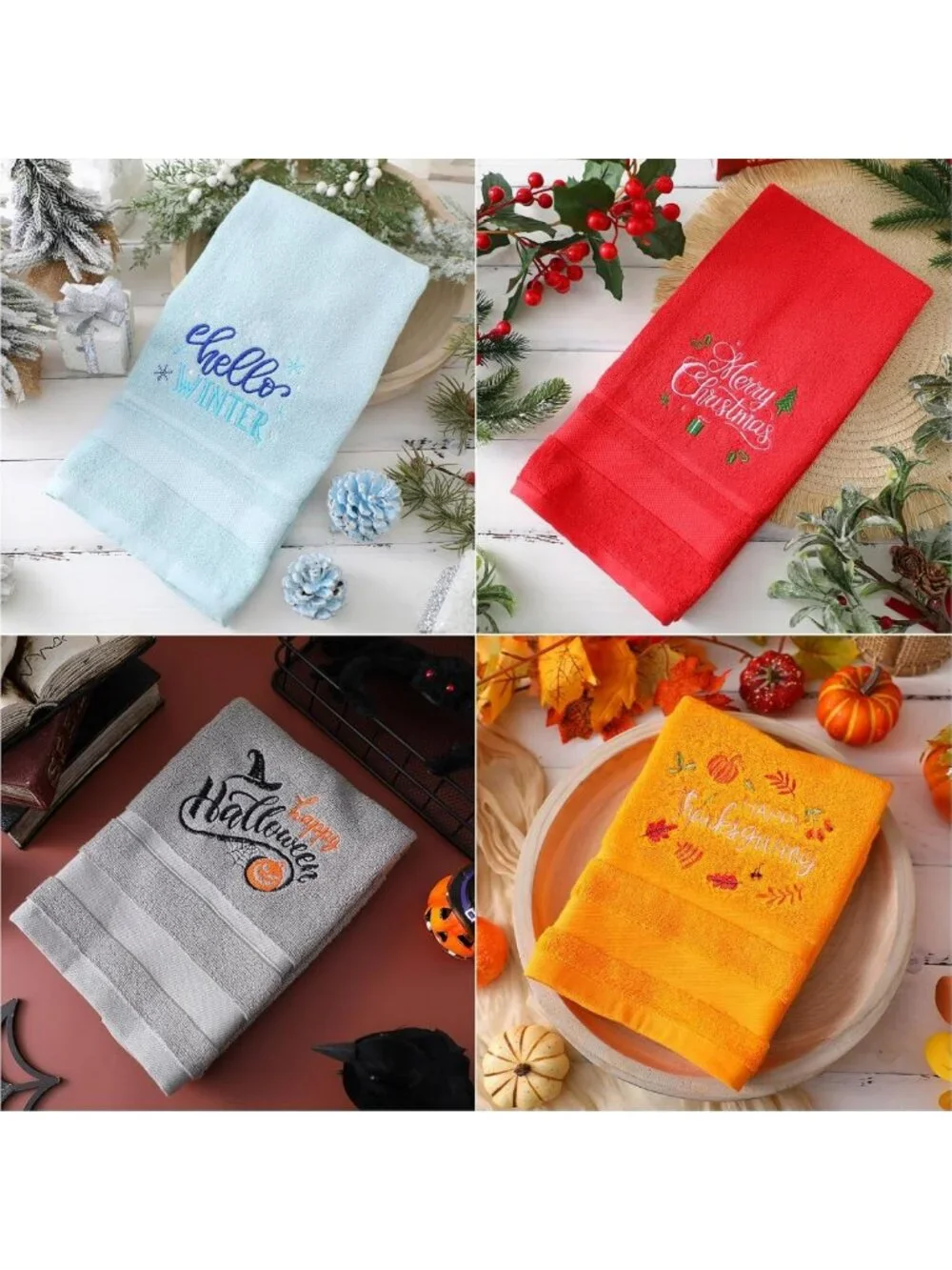 12 Pcs Embroidered Cotton Hand Towels - Seasonal Holiday Bath Towel Set